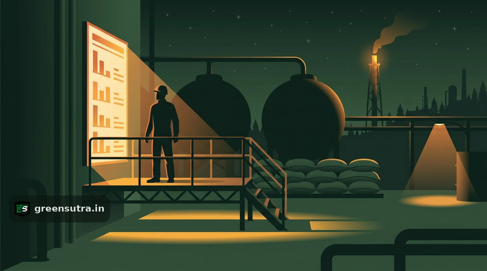 Faceless worker reads a glowing ledger by ammonia tanks and urea sacks, illustrating CBAM fertiliser default values
