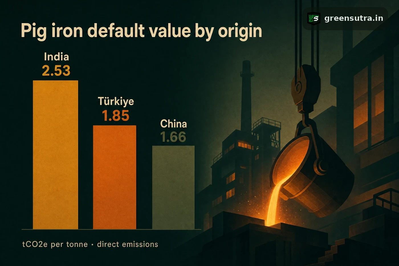 Bars comparing pig iron CBAM default values by origin, India above Turkiye and China, defaults being country specific