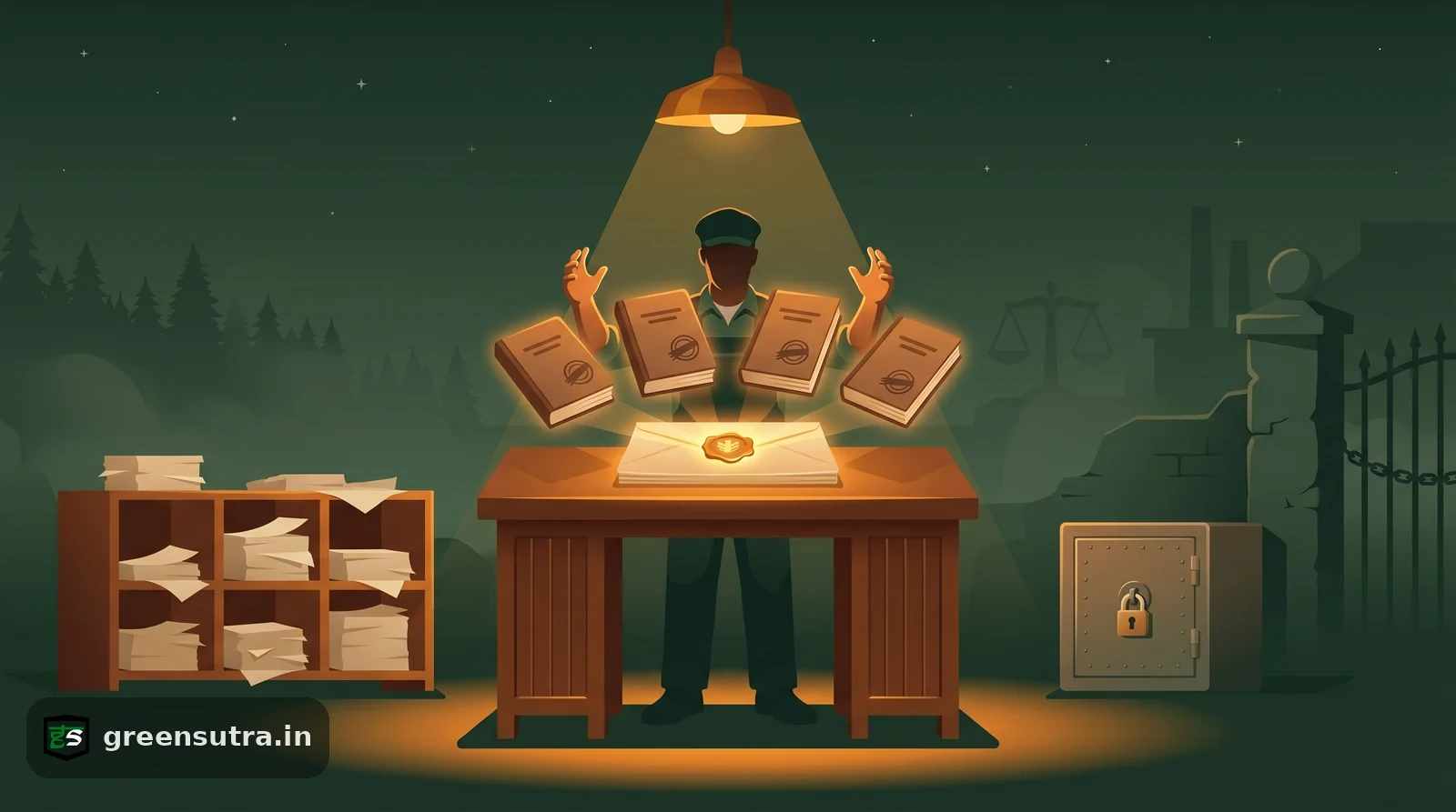 Night-vector figure turning stacked quarterly CBAM reports into one sealed annual declaration under amber light