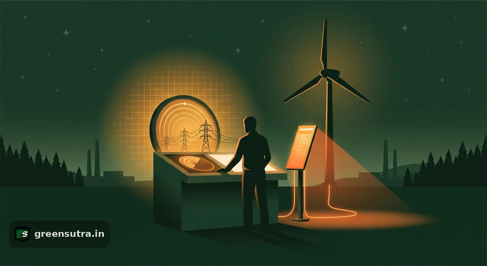 CBAM imported-electricity art: worker compares a country grid dial against a single wind turbine reading