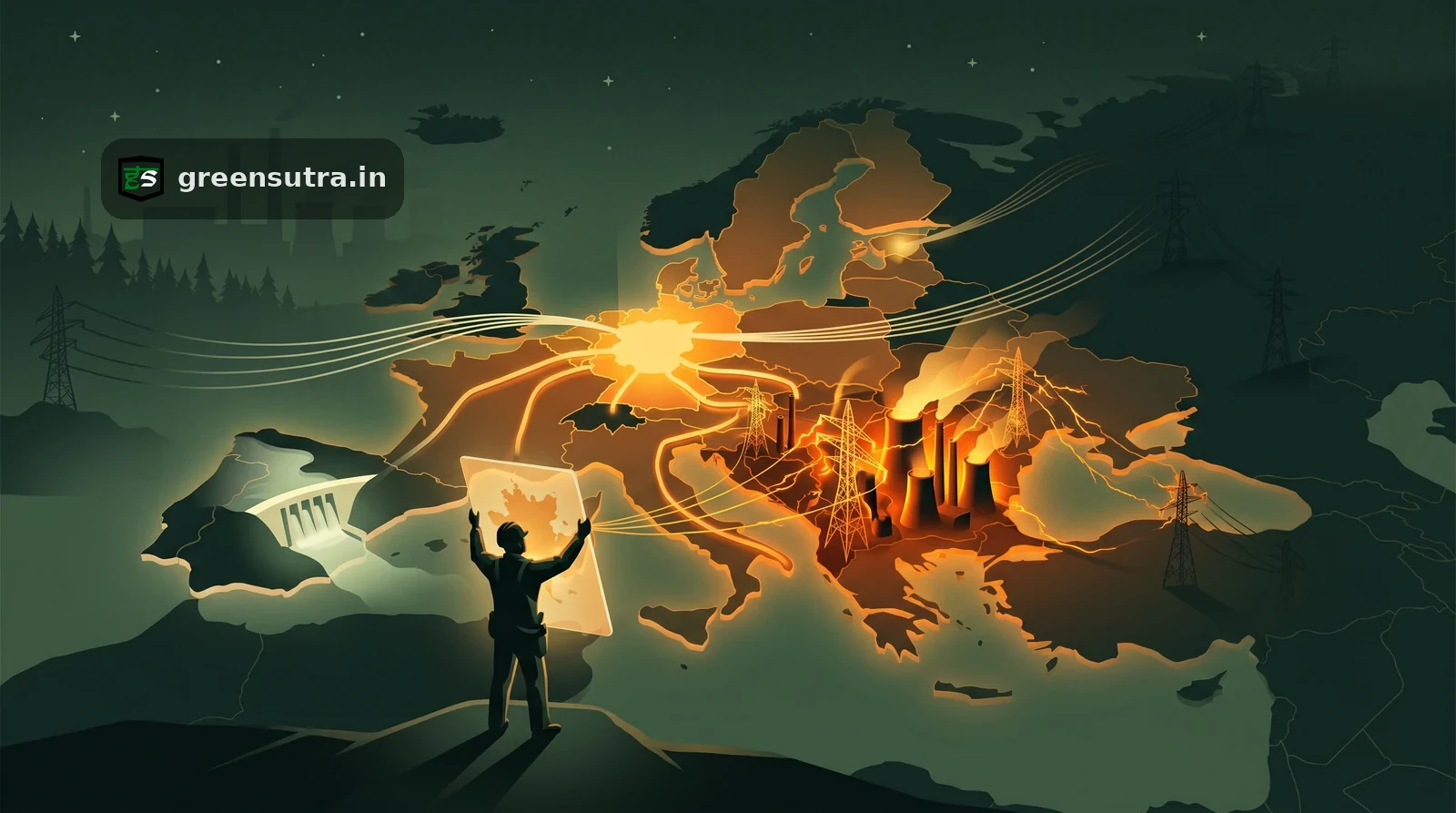 Night-vector map of Europe showing coal-heavy grids glowing hot and hydro grids dark, illustrating CBAM electricity exposure.