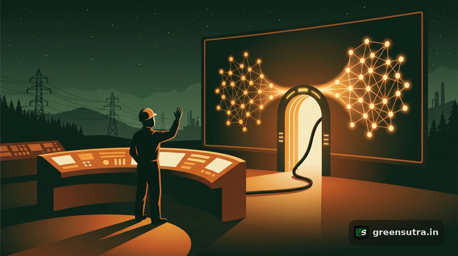 Night vector of a grid operator watching two power markets couple into one integrated CBAM electricity lattice.
