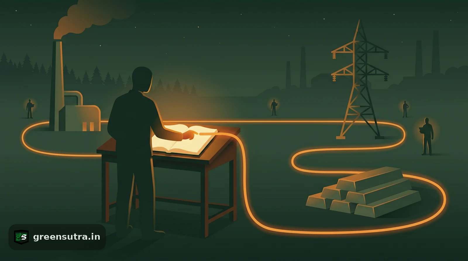 Night-vector worker tracing a factory-to-electricity boundary line, illustrating how CBAM embedded emissions are scoped.