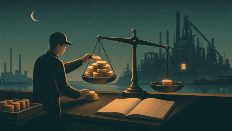 Night counting scene for the CBAM free allocation adjustment: a clerk weighs a full tray of amber tokens against a small stack before a steel plant