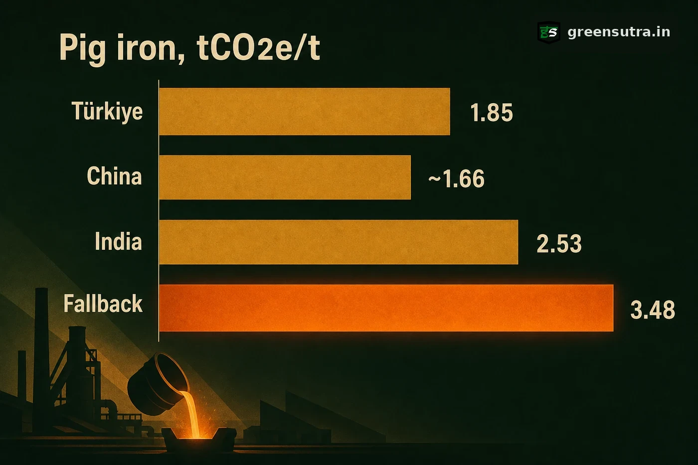 Bar chart: CBAM pig-iron defaults for India, Türkiye and China all below the higher fallback default.