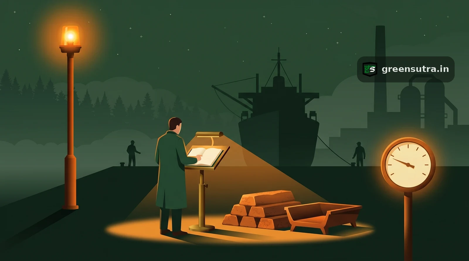 Faceless declarant at a night quay weighs a high CBAM fallback marker against a lower verified reading beside pig-iron ingots.