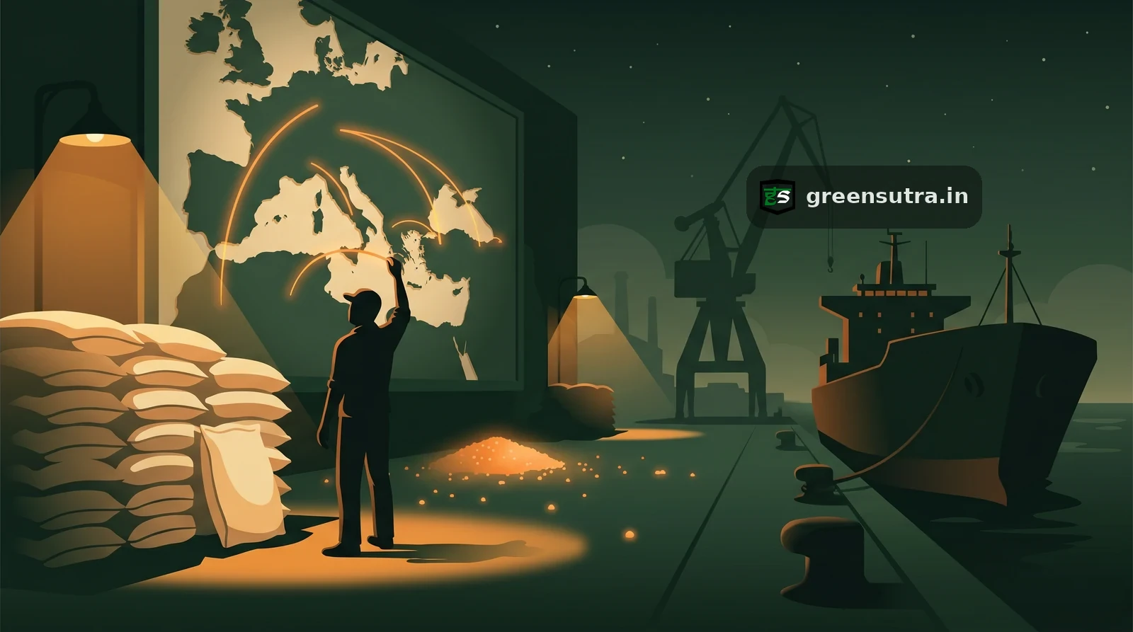 Night port scene tracing fertiliser shipping routes toward Europe, illustrating EU urea suppliers exposed to CBAM.
