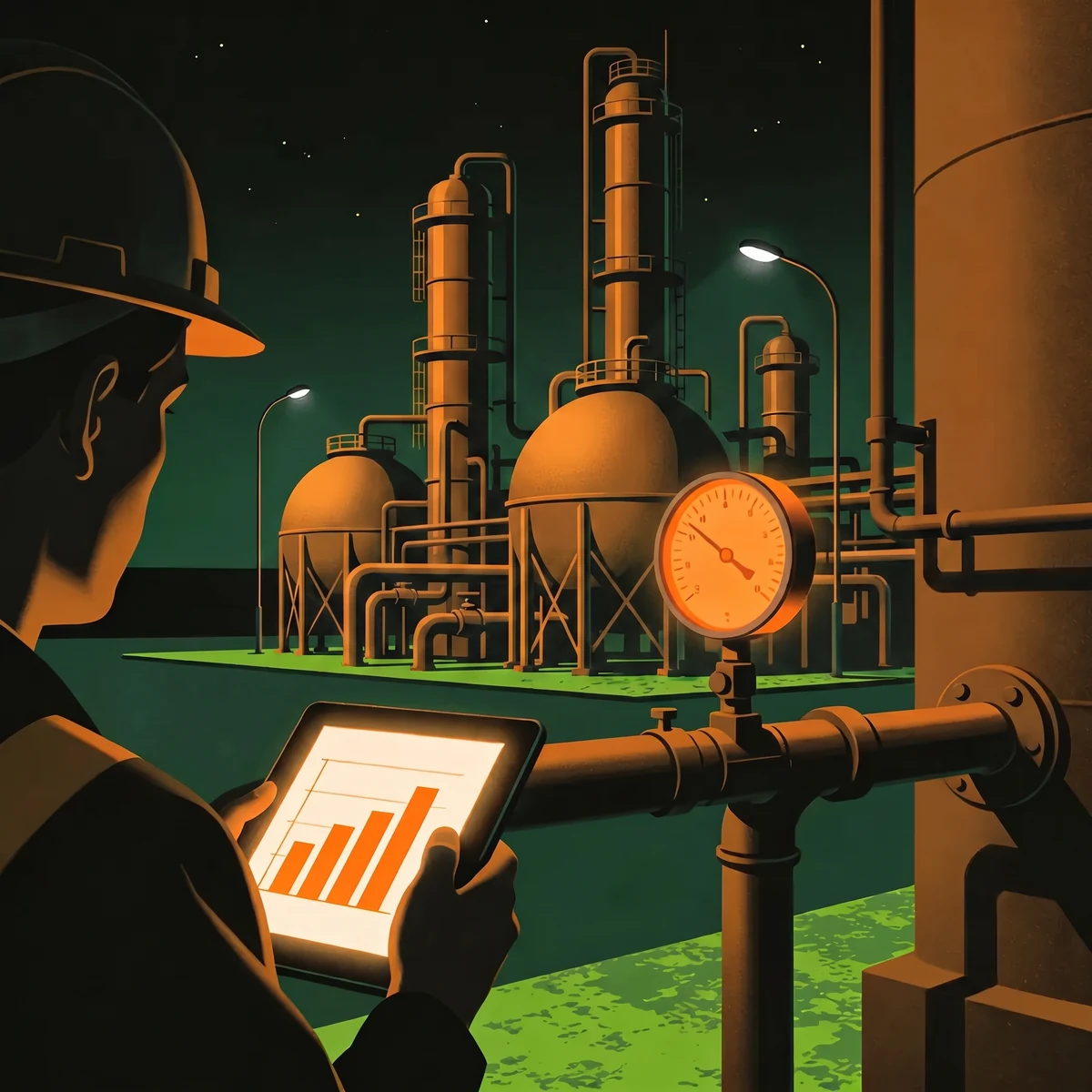 Engineer measuring embedded emissions at a fertiliser plant with a tablet showing emission factors and process units behind