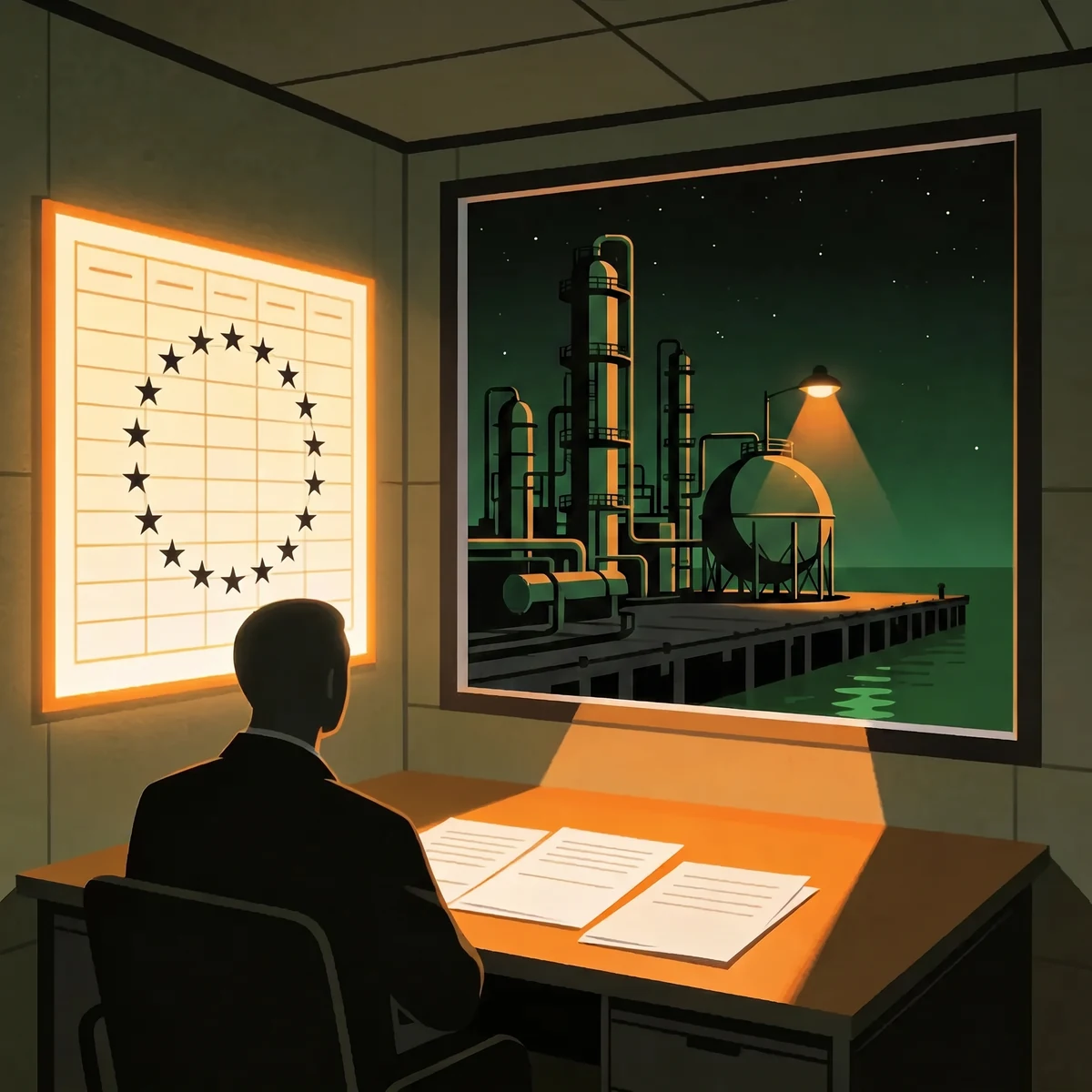 Compliance analyst before a CBAM registry ledger sharing verified emissions data with EU importers beside a night port