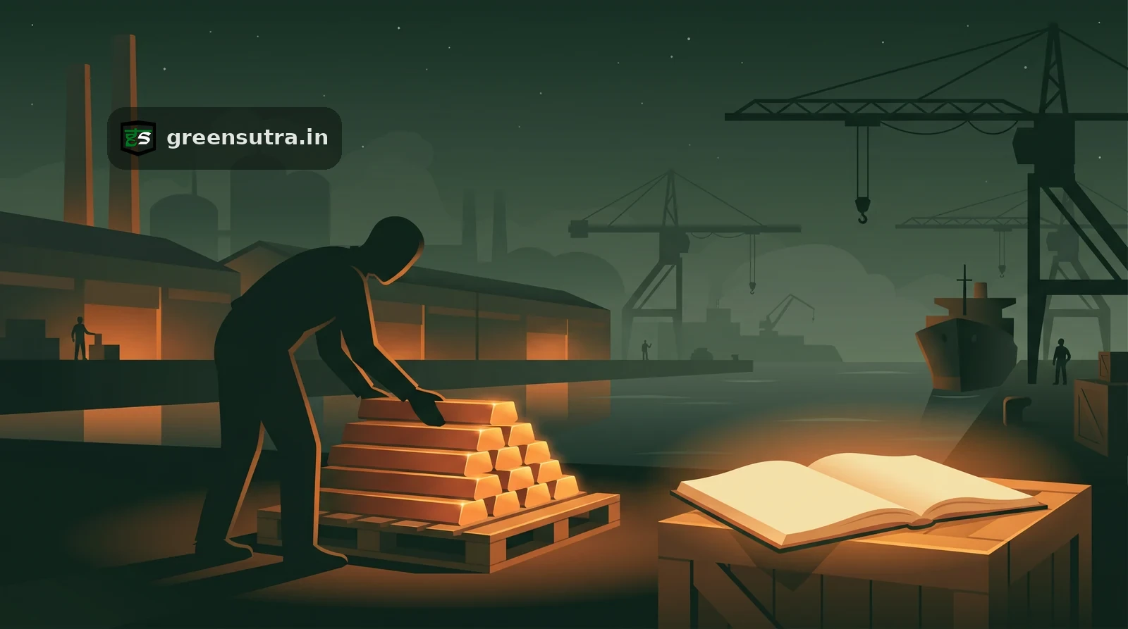 Faceless worker stacks aluminium billets bound for Europe at a Gulf smelter port at night, a CBAM exposure scene.