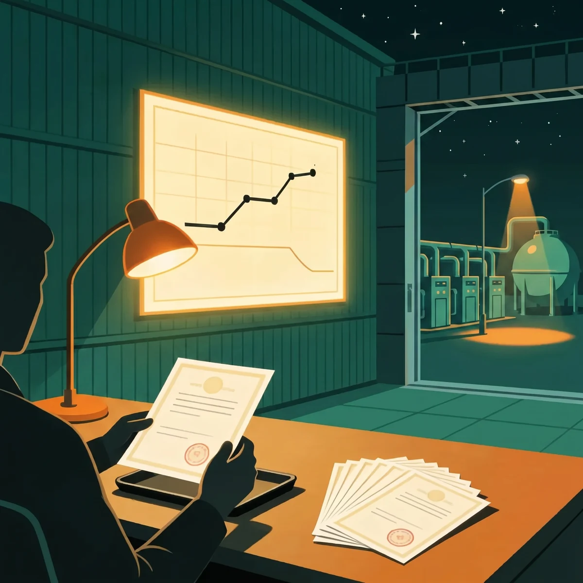 Consultant reviewing CBAM certificate exposure under a desk lamp with a rising EU ETS price line and a falling emissions pathway