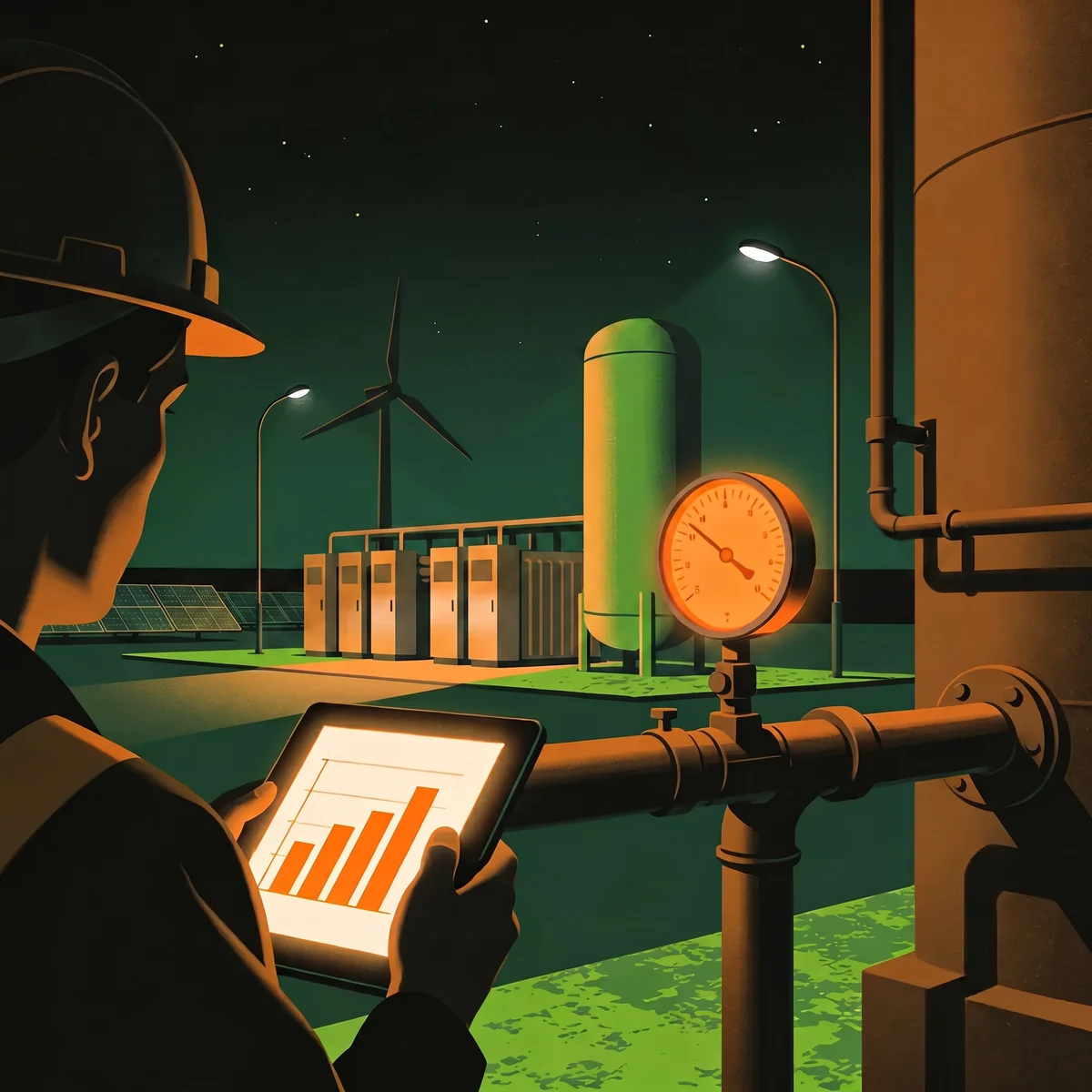 Engineer measuring embedded emissions at a hydrogen plant with a tablet showing emission factors