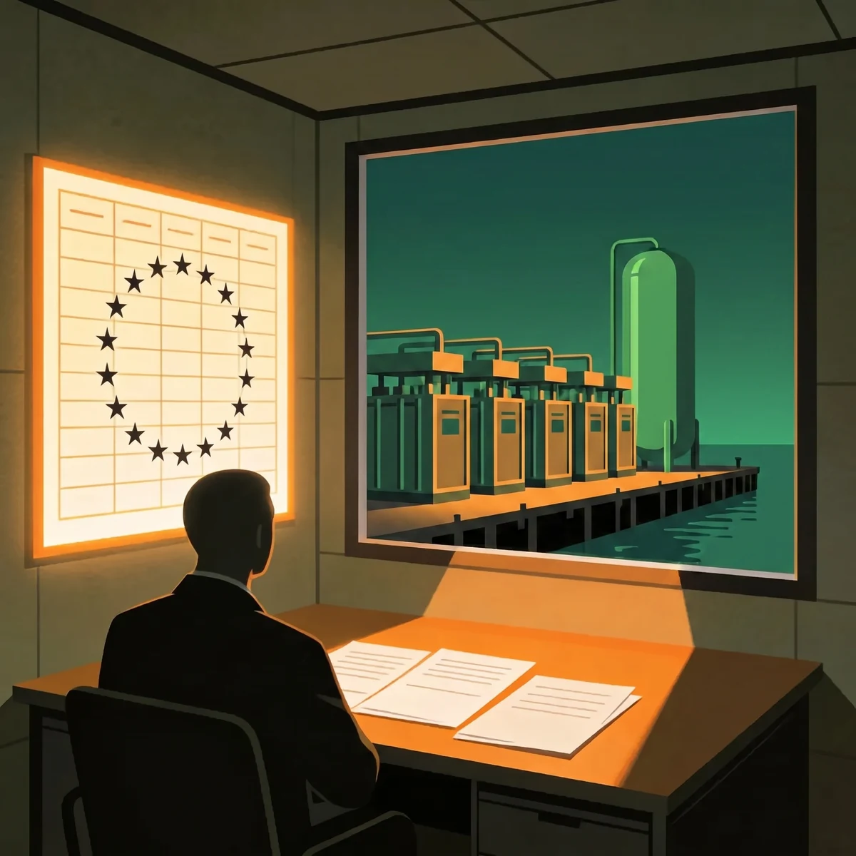 Compliance analyst before a CBAM registry ledger sharing verified emissions data with EU importers beside a night port
