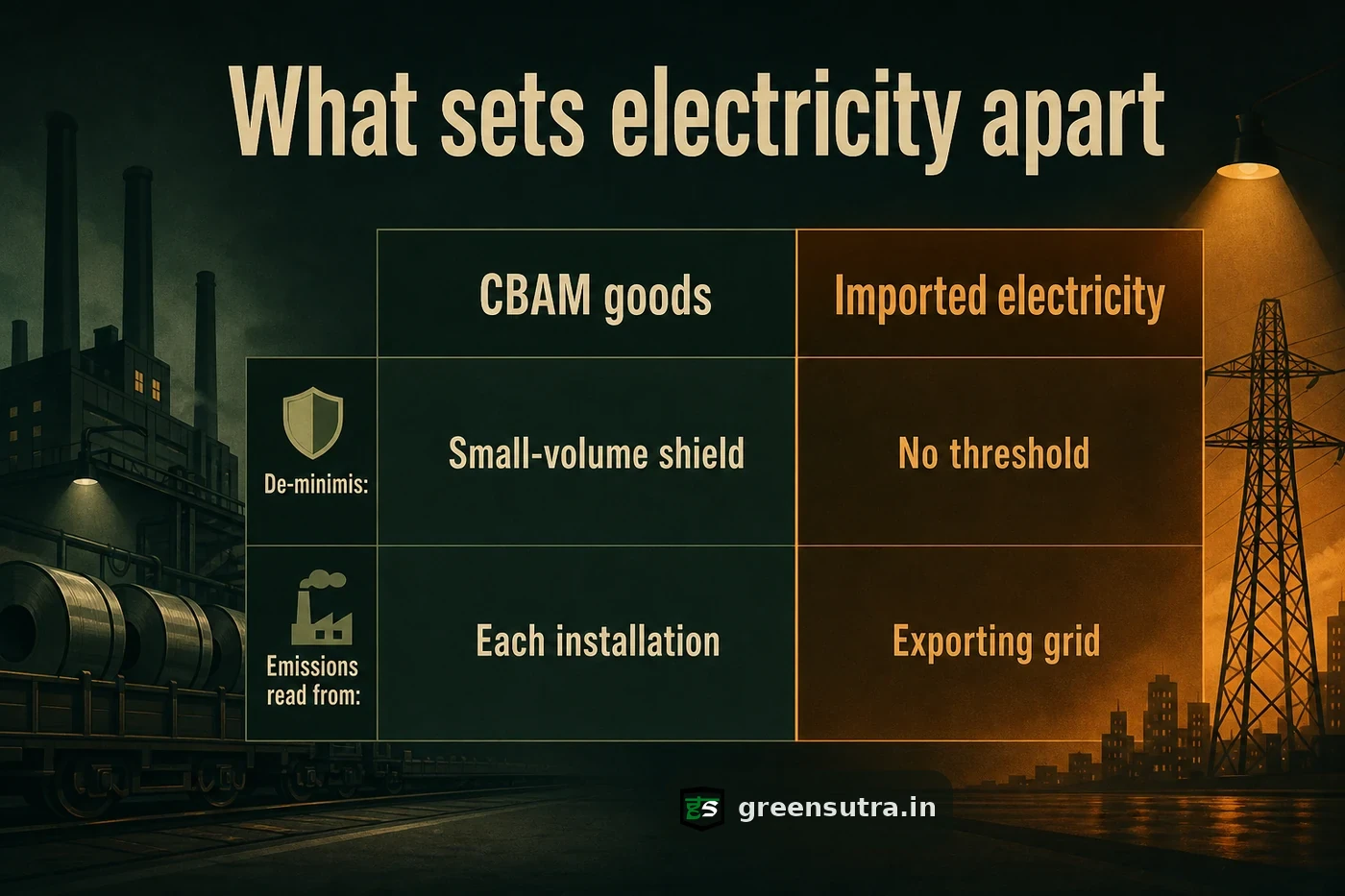 Comparison chart: CBAM electricity has no de-minimis and is priced on the exporting grid, unlike goods.