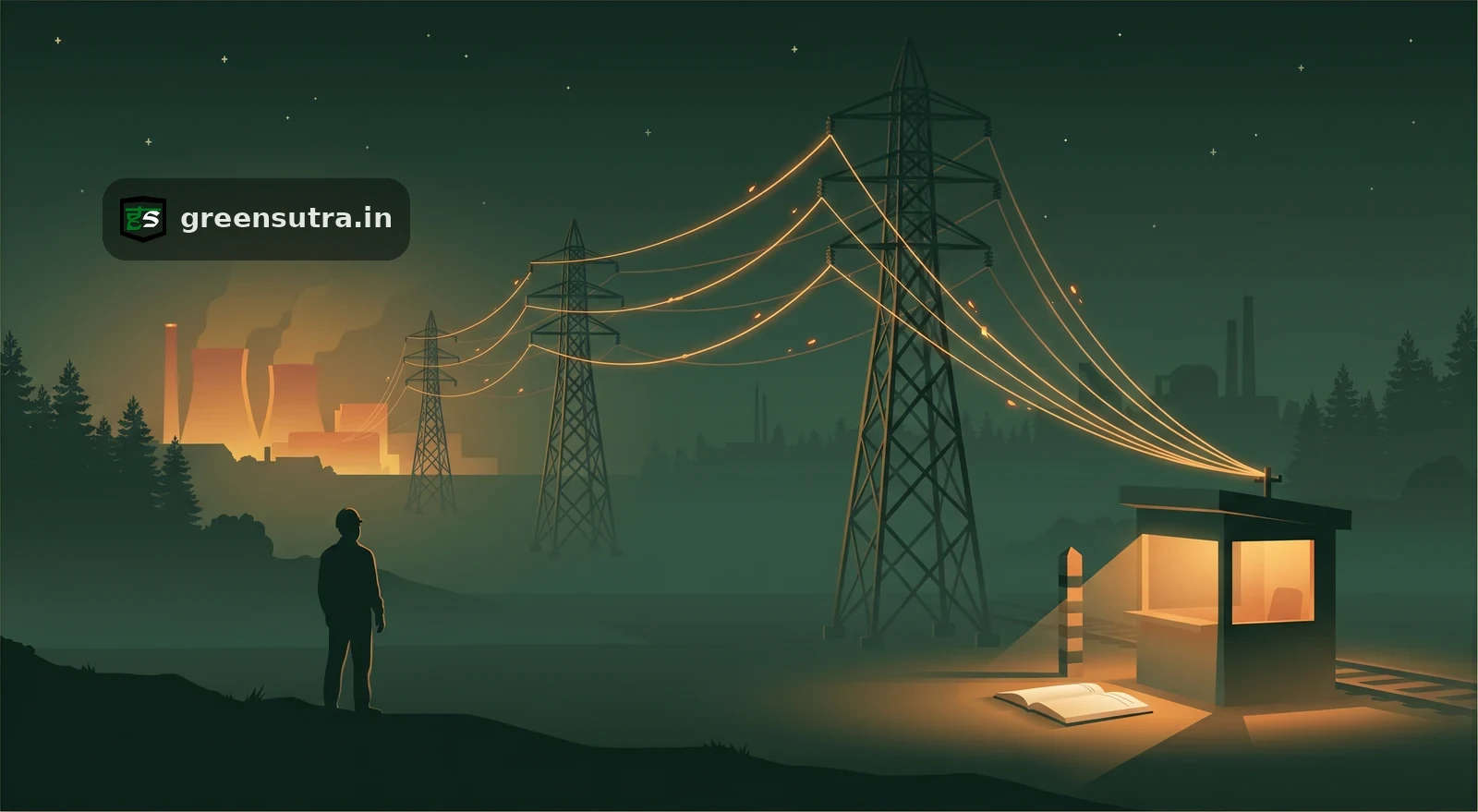 Night vector of a faceless worker watching a power line cross a border into a lit CBAM customs ledger.