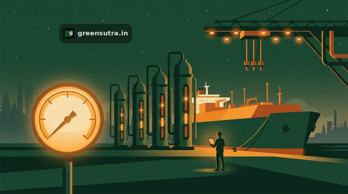 Night scene of electrolyser stacks and a docked ammonia carrier with a low emissions gauge, on CBAM and India green hydrogen