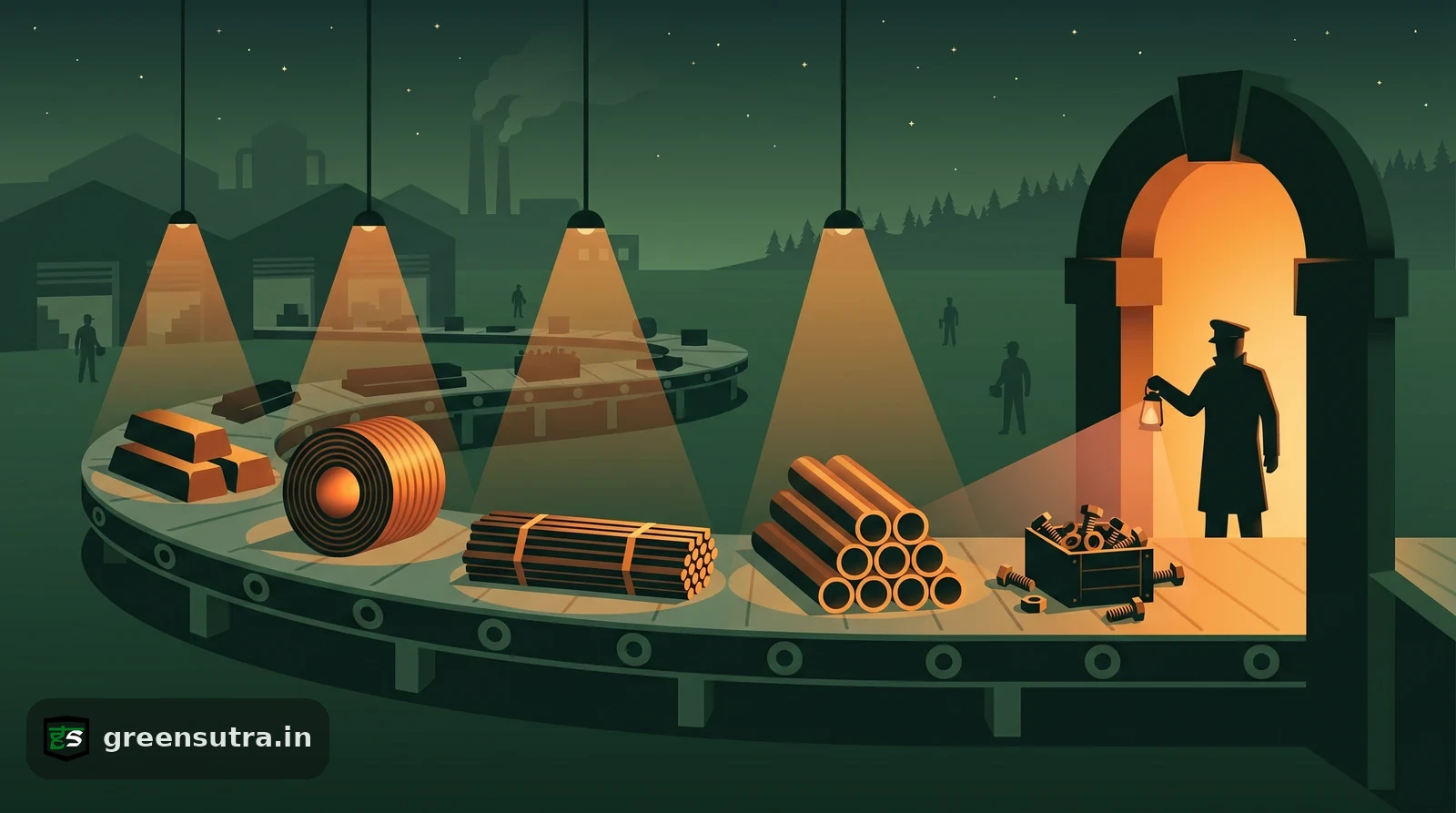 Customs conveyor carrying pig iron, coils, bars, pipes and bolts at night, showing CBAM iron and steel product scope