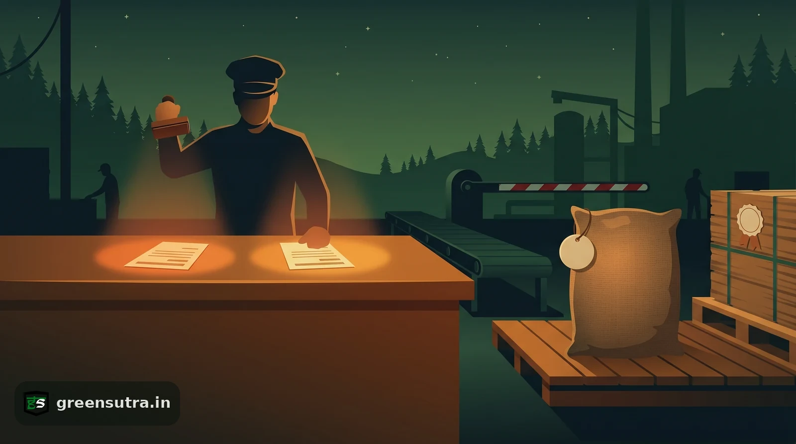 Night customs desk stamping two separate documents for one fertiliser shipment, showing CBAM and the EU tariff as distinct charges.