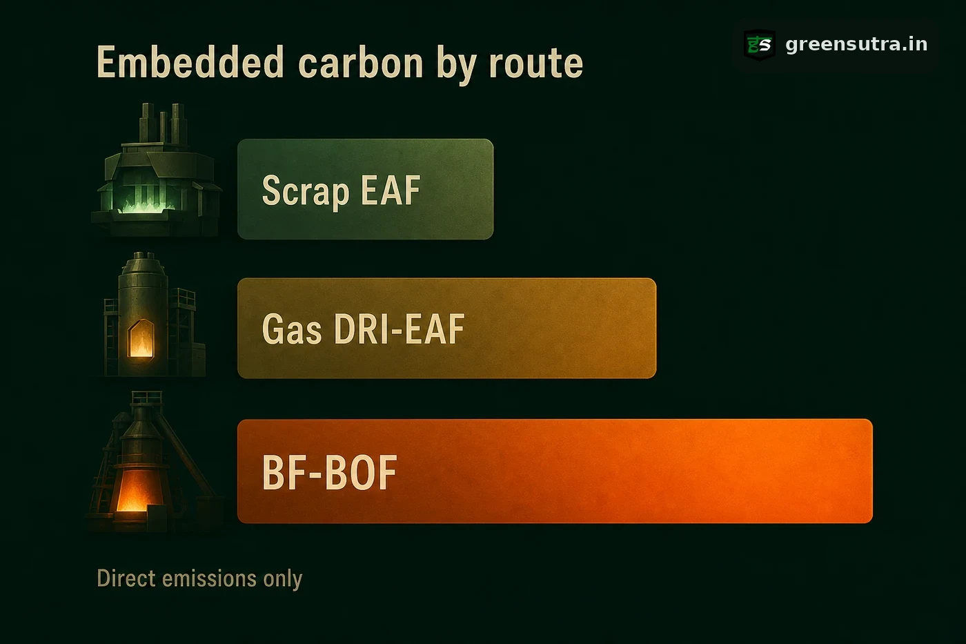 CBAM steel routes ranked by embedded carbon: scrap EAF lowest, gas DRI-EAF middle, BF-BOF highest