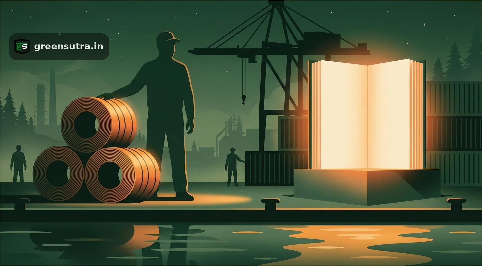 Faceless port worker weighing Korean steel coils against a lit customs ledger under CBAM at night