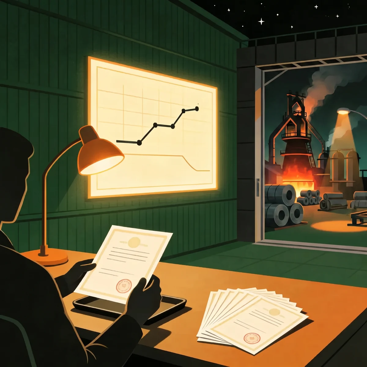 Consultant reviewing CBAM certificate exposure under a desk lamp with a rising EU ETS price line and a falling emissions pathway