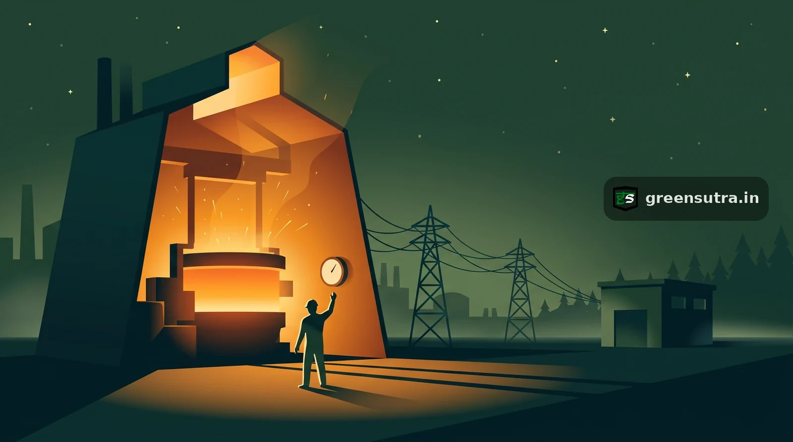 Glowing steel arc furnace beside a dark unlit electricity meter house, showing CBAM indirect emissions excluded for steel