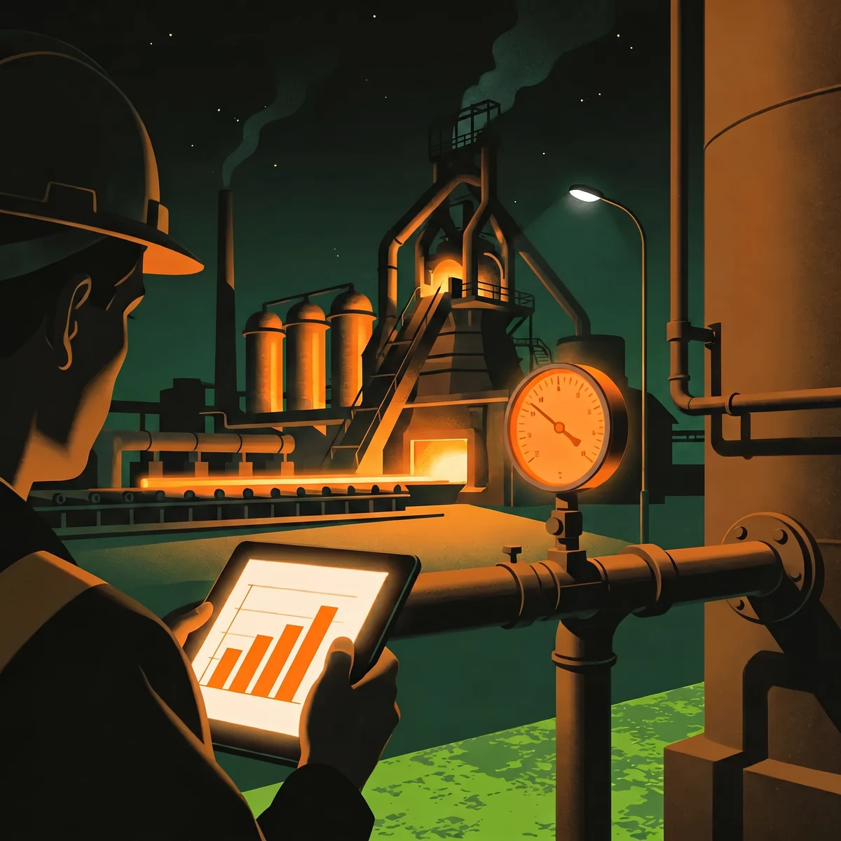 Engineer measuring embedded emissions at a steel installation with a tablet showing emission factors and a furnace behind