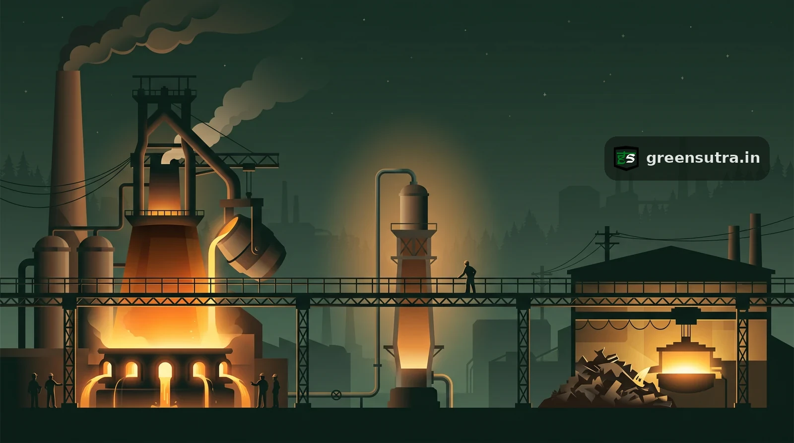 Blast furnace, gas DRI tower and scrap electric arc furnace compared at night, on CBAM steel production-route emissions