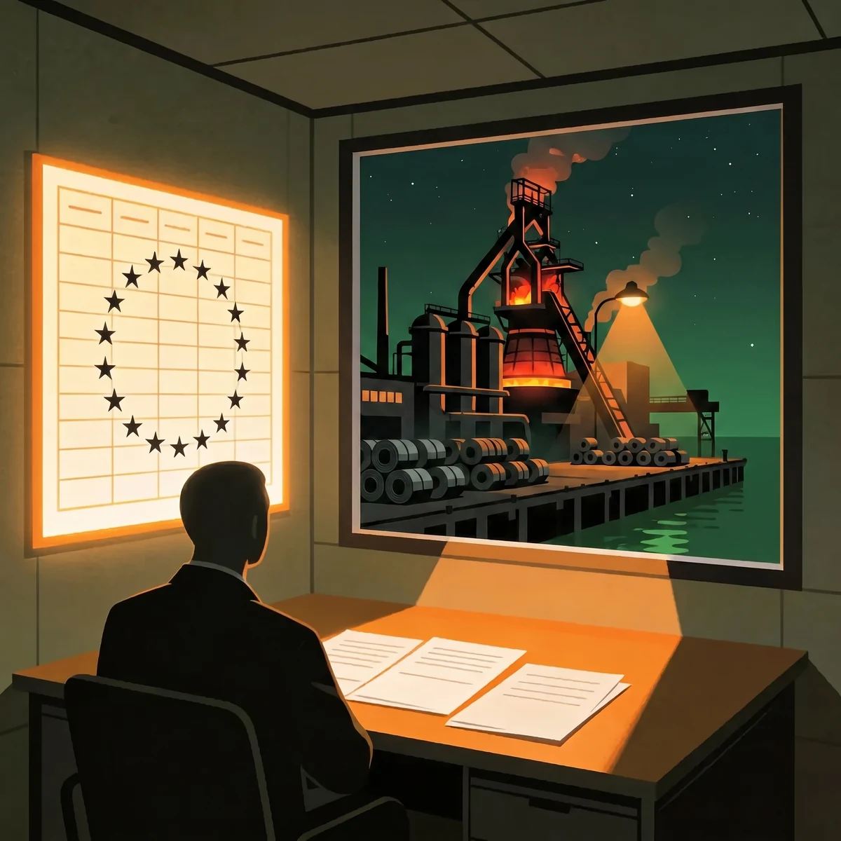 Compliance analyst before a CBAM registry ledger sharing verified emissions data with EU importers beside a night port