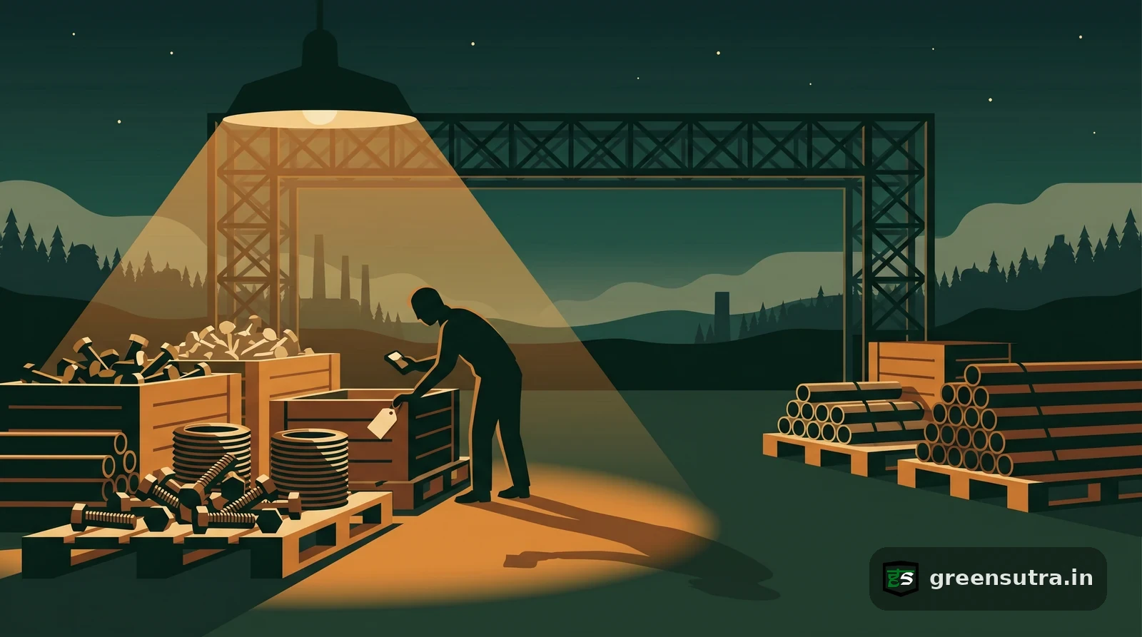 Customs yard with pallets of steel bolts, tubes and a girder under amber light, on CBAM steel articles in chapter 73