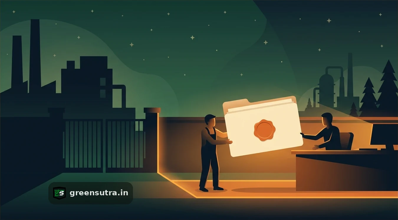 Night scene of a non-EU factory handing a data folder across customs to an EU importer, on CBAM supplier emissions data