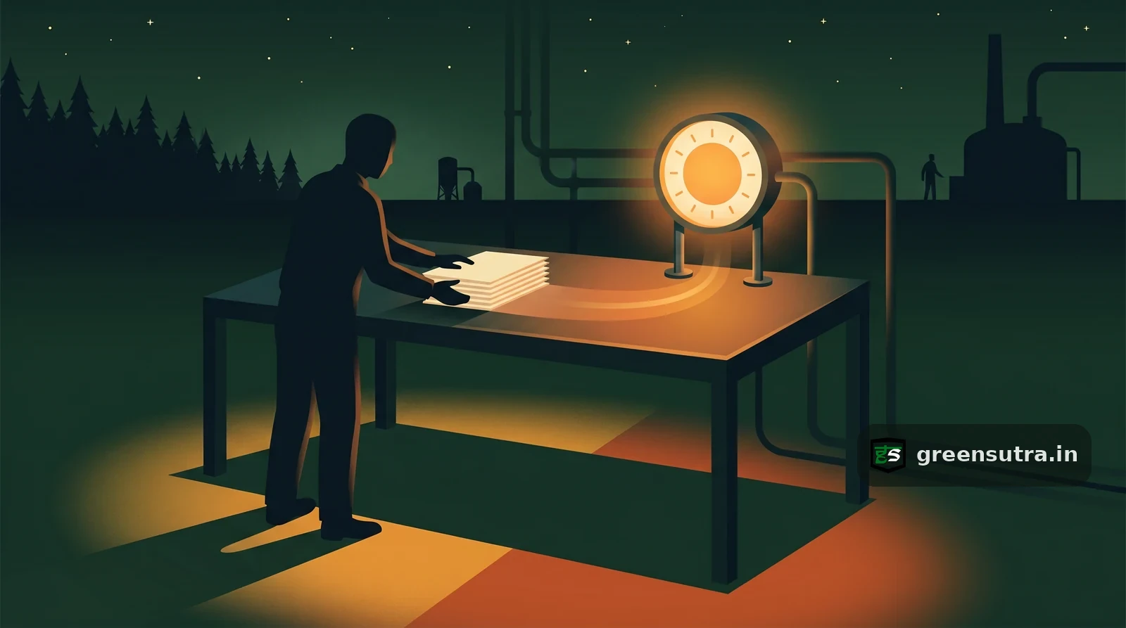 CBAM actual emissions data: faceless worker slides default-value cards toward a glowing verified installation meter at night.