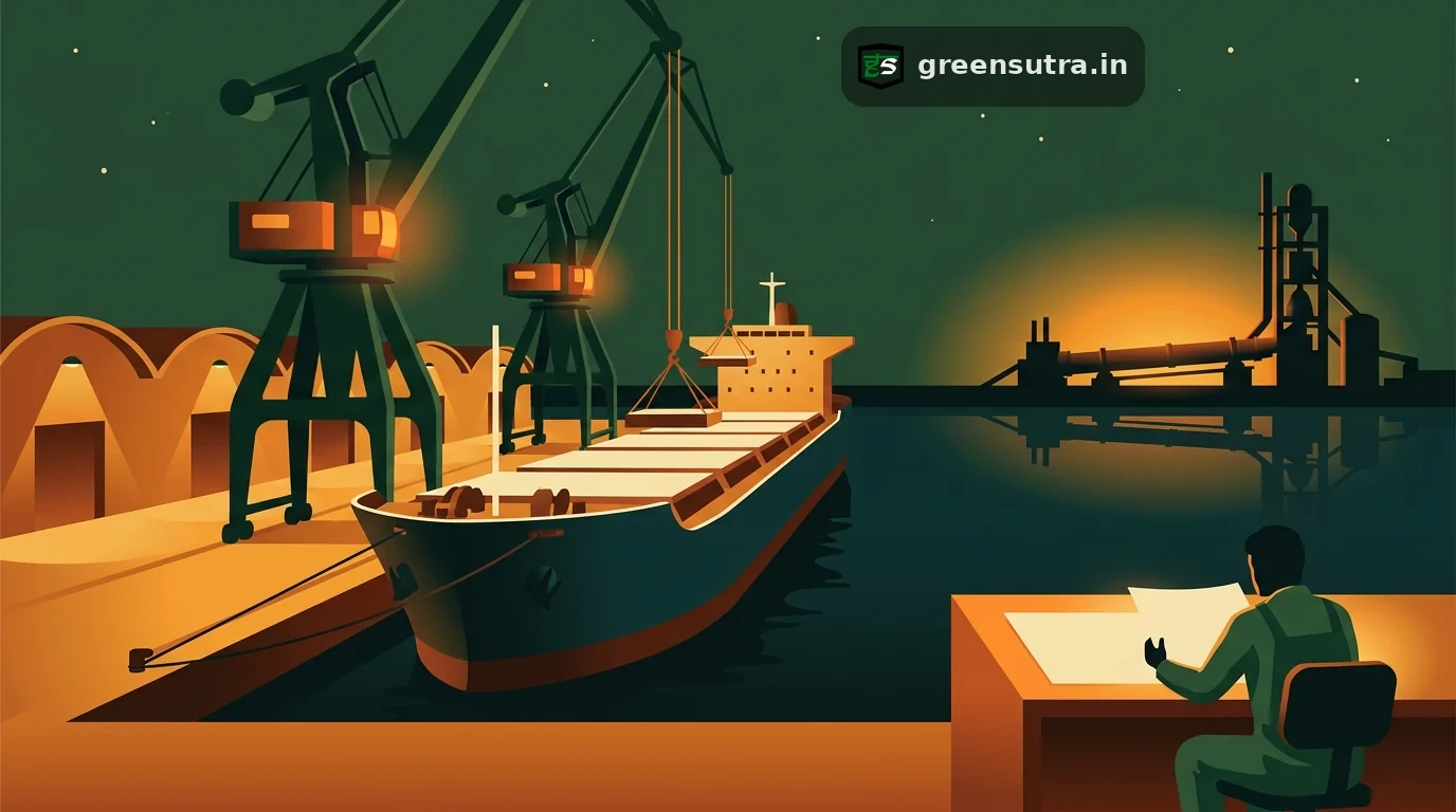 Night scene of a laden cement freighter at an EU customs quay with a kiln on shore, on CBAM Türkiye cement exporters