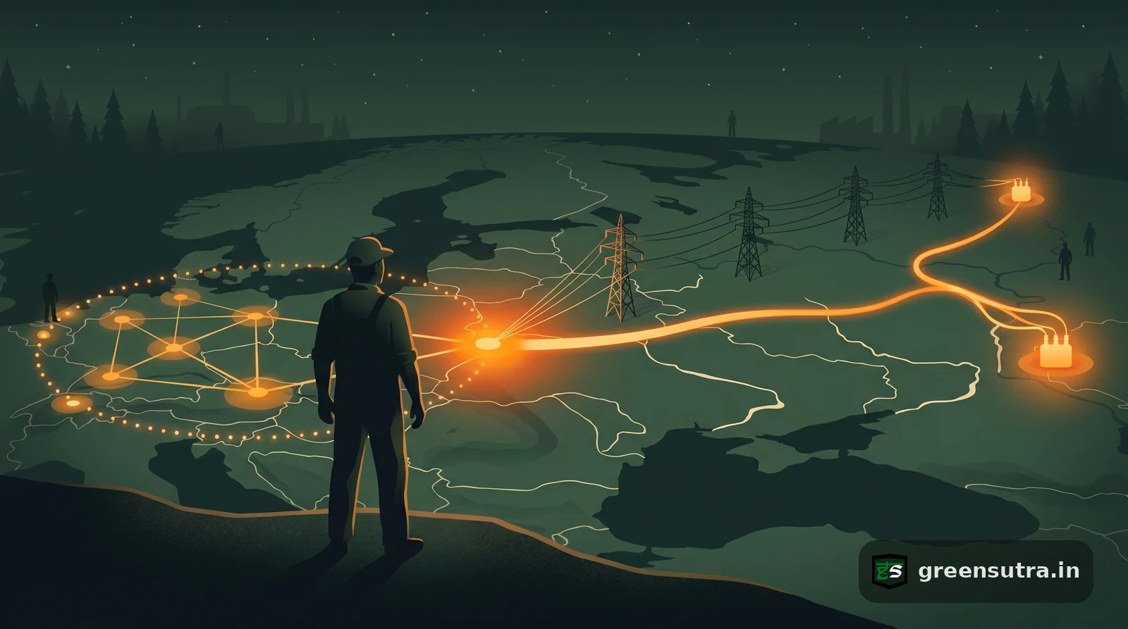 Night vector map of a transmission line carrying Ukraine and Moldova electricity west into the EU grid, in CBAM scope