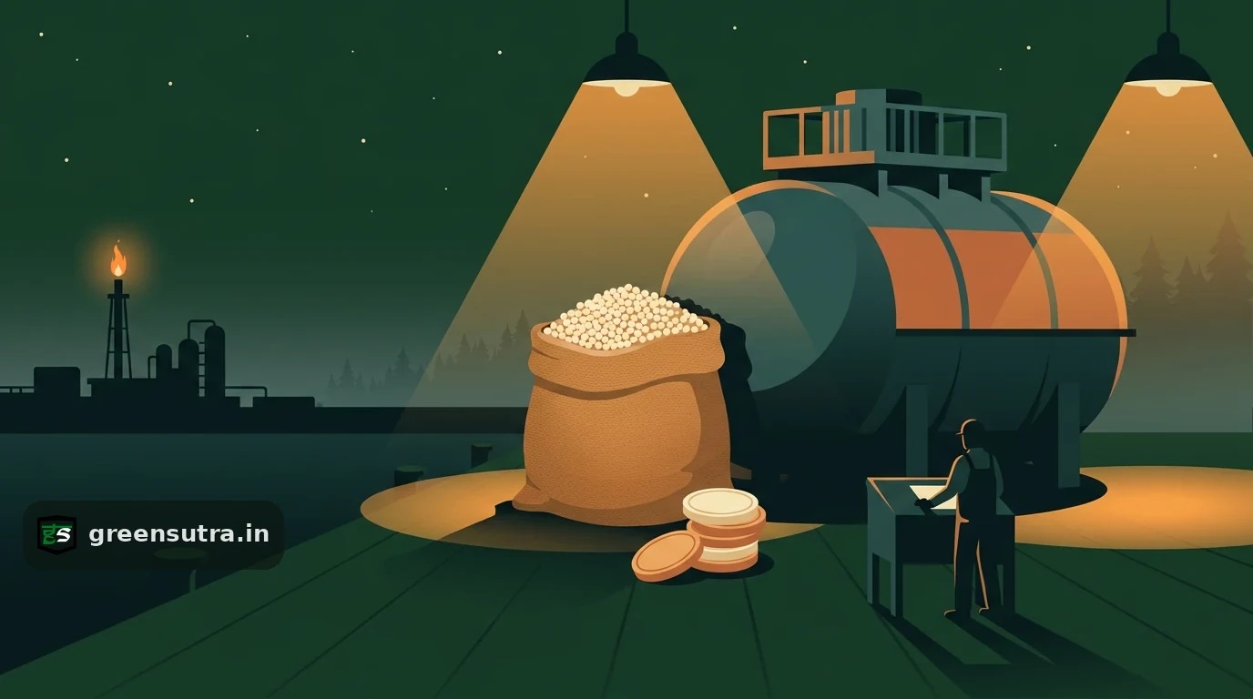Night scene of a urea sack and chilled ammonia tank on a customs dock with certificate tokens, on CBAM urea and ammonia cost