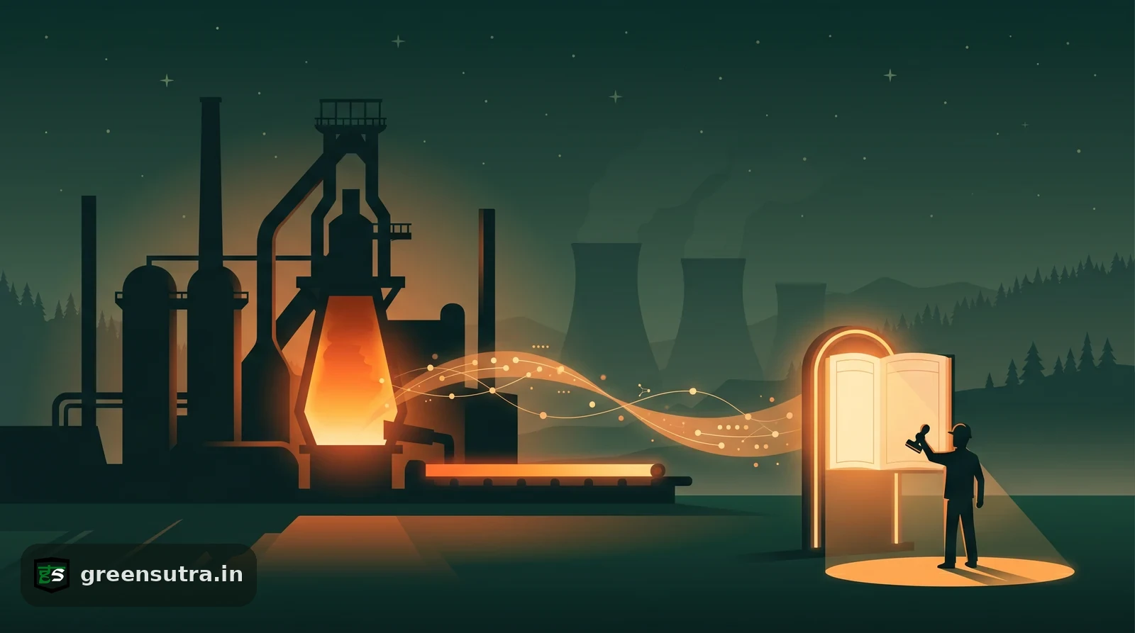 Steel mill furnace glow feeding a data ribbon into a lit registry ledger, on CBAM verified emissions data for steel
