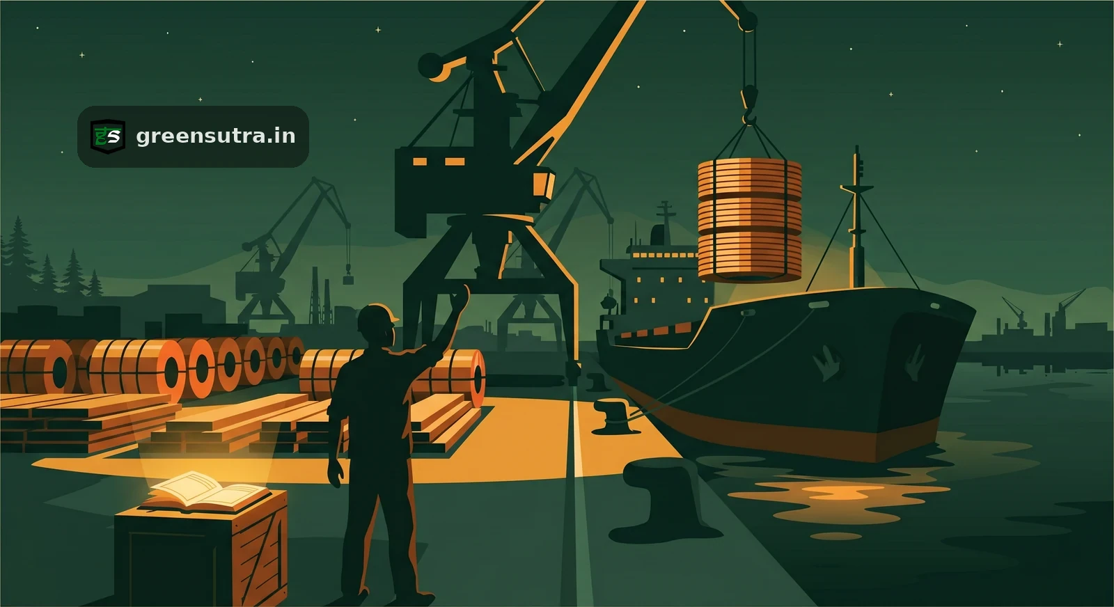 Night-vector port scene of a faceless worker loading steel coils onto an EU-bound ship, showing Vietnam's CBAM steel exposure.