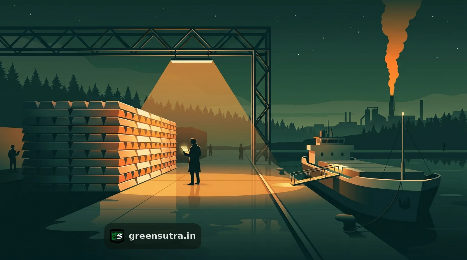 Stacked aluminium ingots under a lit border gantry on a night dockside, illustrating China aluminium CBAM exposure
