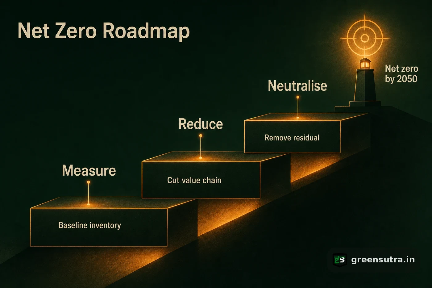 Carbon footprint net zero roadmap staircase: Measure, Reduce, Neutralise steps rising to a net zero by 2050 target