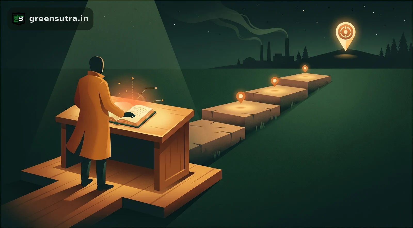 Faceless worker at a glowing ledger desk tracing a rising three-step carbon footprint net zero roadmap path