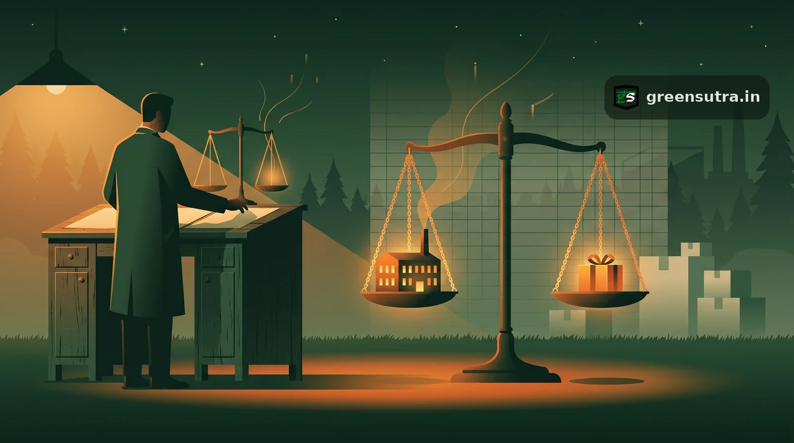 Flat night-vector scene weighing an organisation building against one product unit on a scale, carbon footprint theme