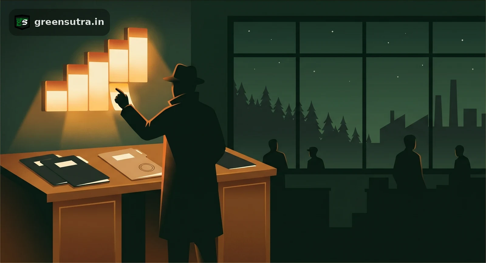Night-vector scene of a faceless figure tracing a phased CSRD compliance calendar at a ledger desk, ESG reporting timeline
