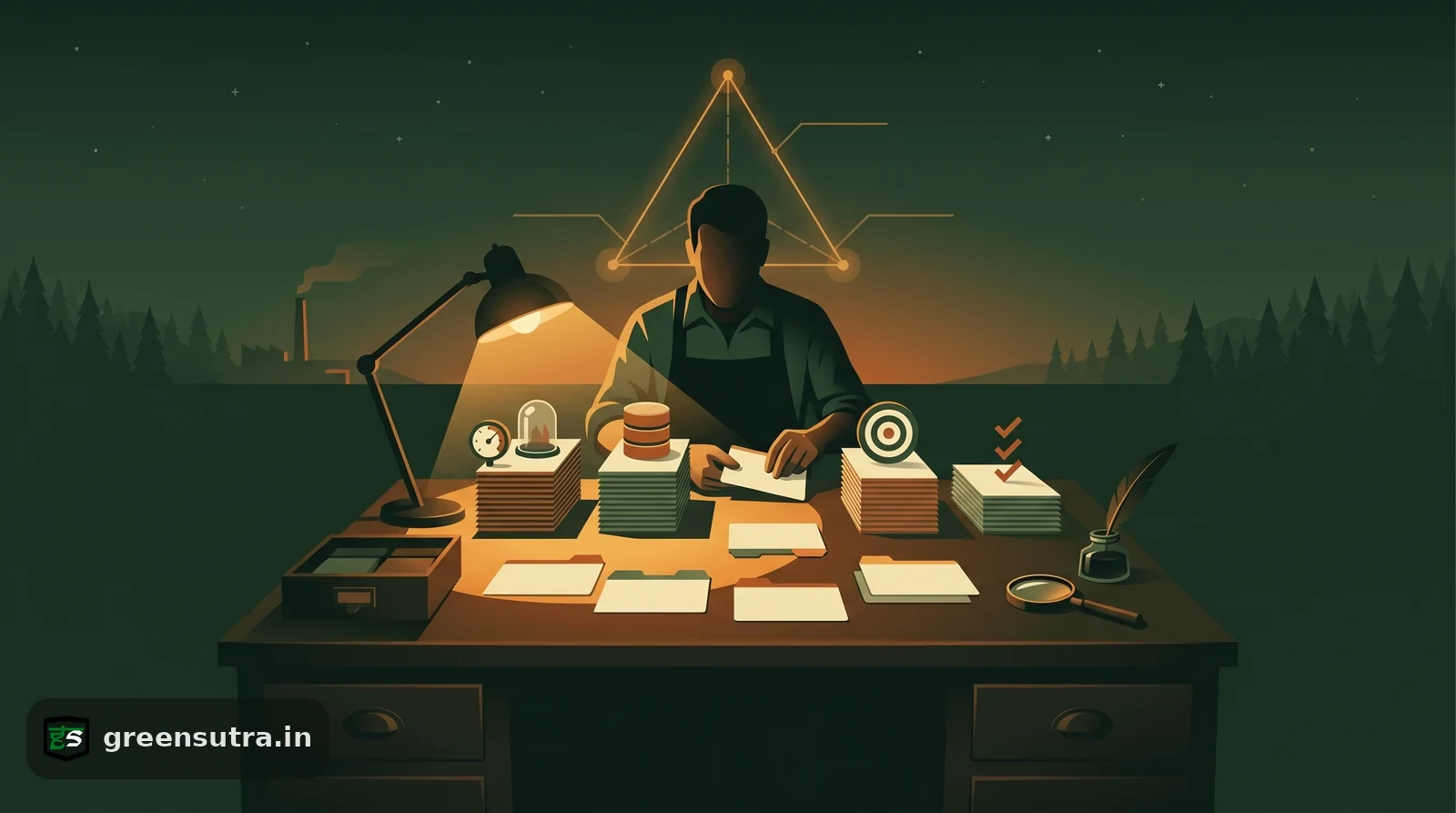 Night-vector figure sorting labelled input cards at a ledger desk, illustrating data collection for a life cycle assessment