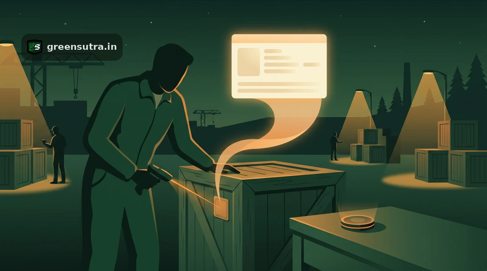 Night-vector worker scanning a crate tag that opens a glowing passport card, Digital Product Passport data carrier