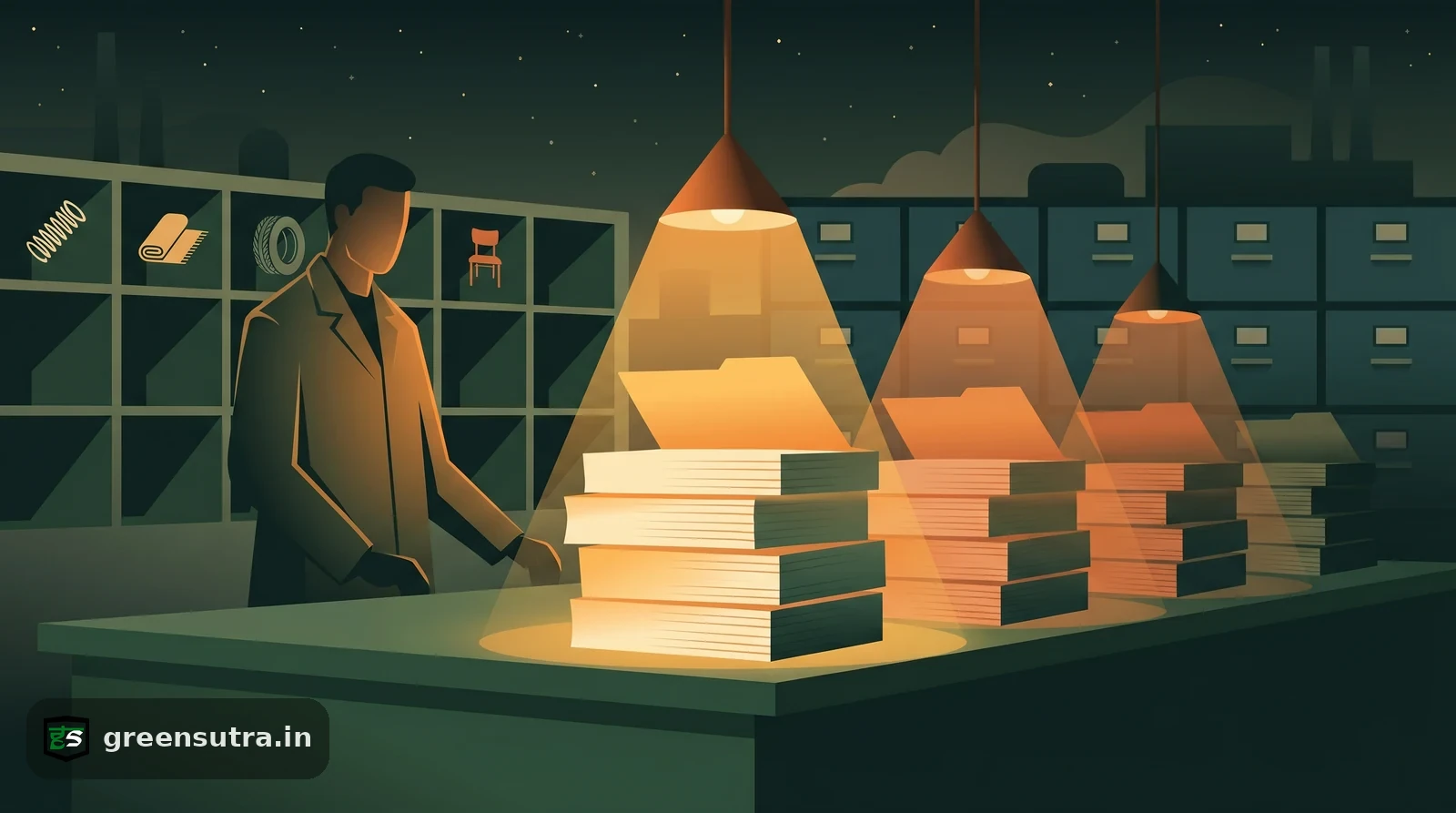 Night-vector scene of a faceless worker queuing product-group ledgers by DPP priority under amber lamps