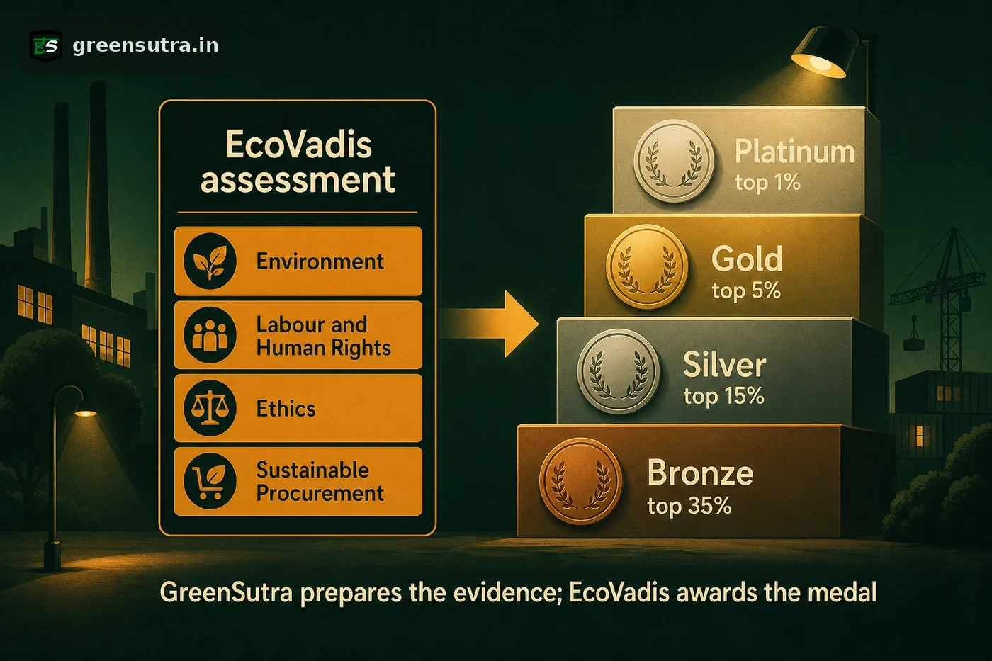 EcoVadis path with four assessed themes feeding a medal ladder from Bronze to Platinum, GreenSutra preparing evidence and EcoVadis awarding the medal.