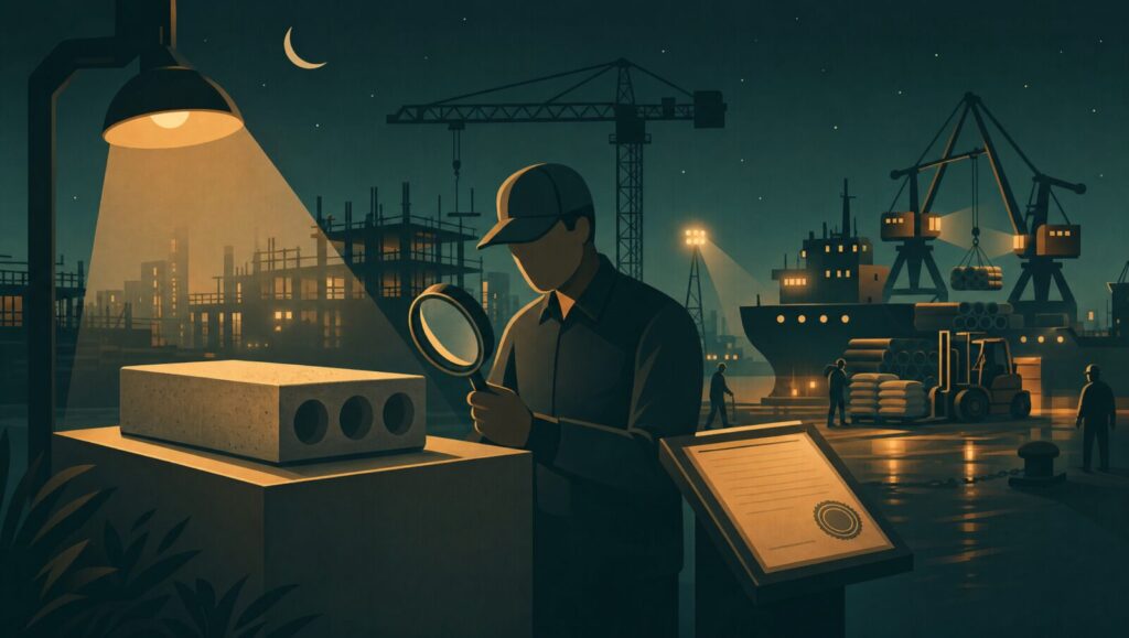 Night editorial scene of a product under inspection beside a stamped environmental declaration outside a construction site