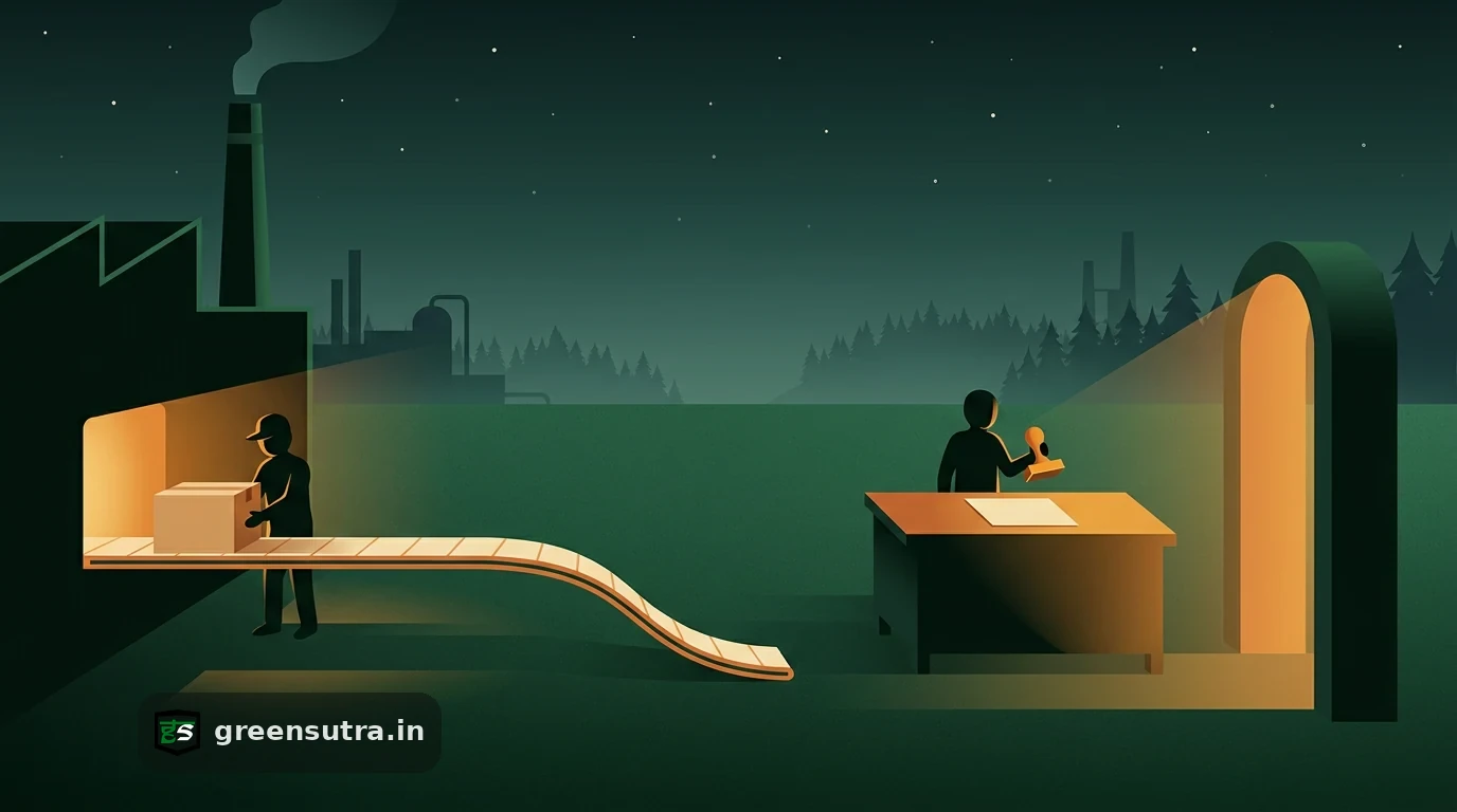 Night vector of a Gulf factory sending a product to an EU customs arch, with an EPD verified at a separate desk.