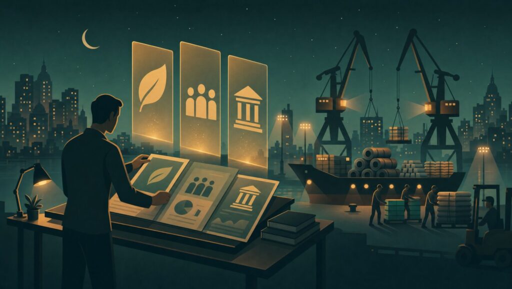 Night editorial scene of an analyst assembling a sustainability report beside glowing environmental, social and governance panels