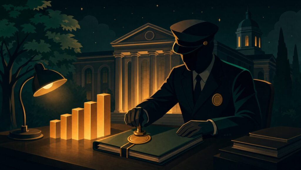 A registry official affixing a grading seal to a company dossier beside ascending rating bars, illustrating ESG rating providers